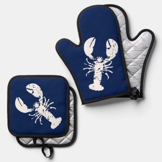 Kreeft Zeevruchten Marine Blauw en Wit Elegant Ovenwant & Pannenlap Set (Voorkant / Achterkant)