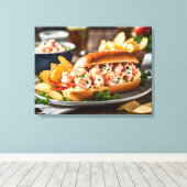 Kreeftenbroodje en aardappelchips canvas afdruk (Insitu (Houten vloer))