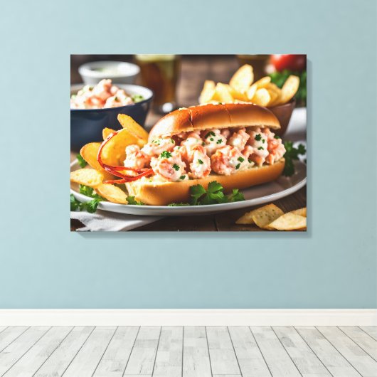 Kreeftenbroodje en aardappelchips canvas afdruk (Insitu (Houten vloer))