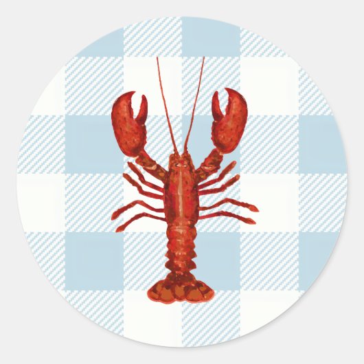 Kreeftenschilderij Nautische Gingham Check Ronde Sticker (Voorkant)