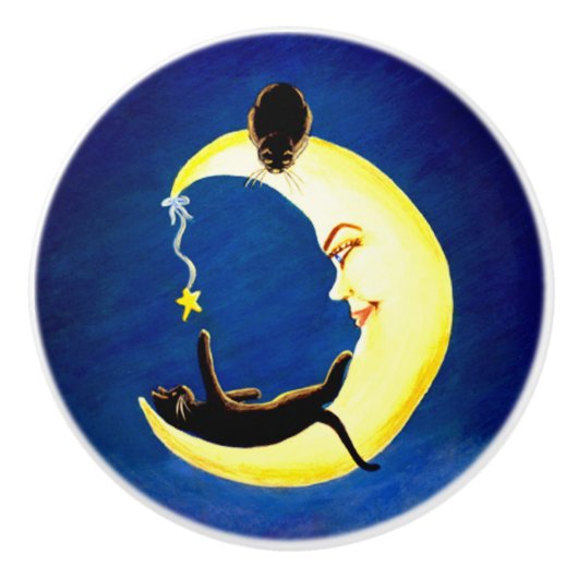 Krescent maan en zwarte kattenknobbels keramische knop (Voorkant)