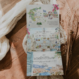 Kreta, Griekenland | Geïllustreerde bruiloft Drieluik Uitnodiging