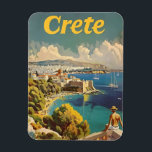 Kreta Vintage Magneet<br><div class="desc">Een levendige en nostalgische afbeelding van Kreta, het grootste eiland van Griekenland, gevierd om zijn diverse landschappen en rijke culturele erfgoed. Het ontwerp toont de dramatische kustlijn van het eiland, met kristalhelder water en gouden stranden, oude ruïnes zoals het Paleis van Knossos, en charmante dorpen zoals Chania en Rethymnon. Het...</div>