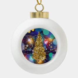 Kreukelende kerstlampjes Bokeh Golden Tree & Stars Keramische Bal Ornament