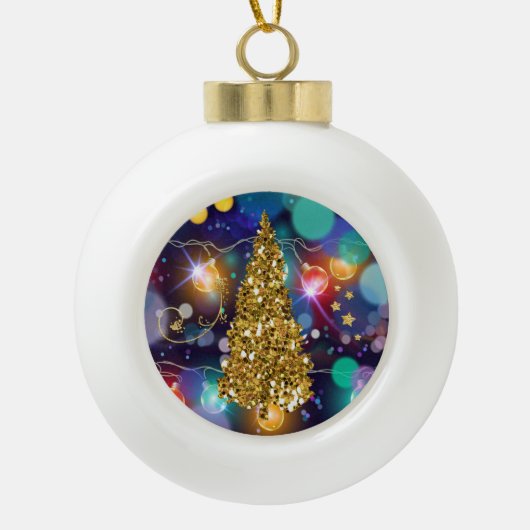Kreukelende kerstlampjes Bokeh Golden Tree & Stars Keramische Bal Ornament (Voorkant)