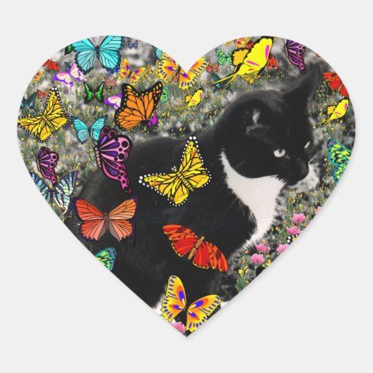 Kreuken op vlinders - Tuxedo-Kat Hart Sticker (Voorkant)