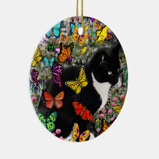 Kreuken op vlinders - Tuxedo-Kat Keramisch Ornament (Rechts)