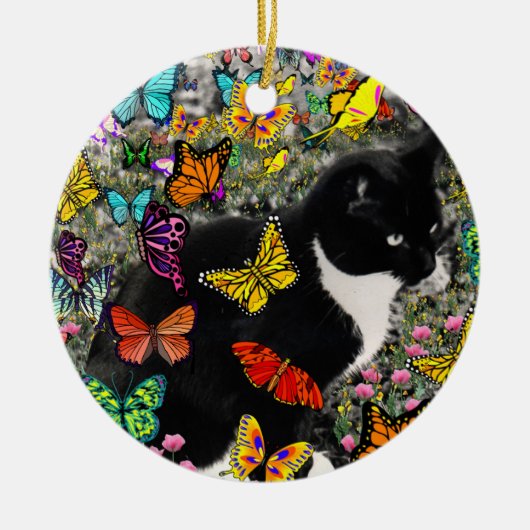 Kreuken op vlinders - Tuxedo-Kat Keramisch Ornament (Voorkant)