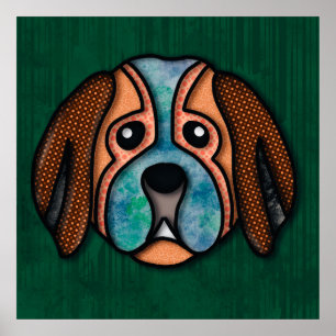 Kreukzige hond met kleurrijke, abstracte patronen poster