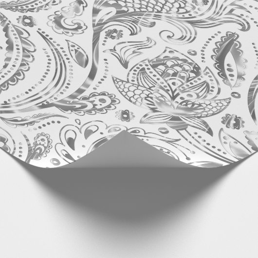 Kreukzilver en wit Paisley Pattern Cadeaupapier (Hoek)