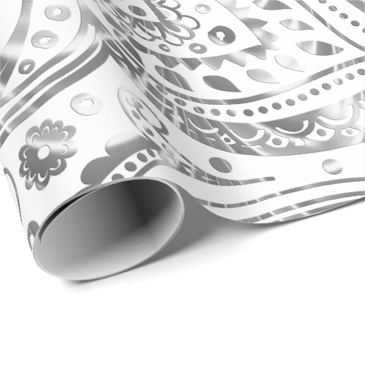 Kreukzilver en wit Paisley Pattern Cadeaupapier (Rol Hoek)