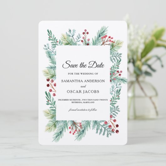 Krfat Winter Blad Frame Groene Save The Date (Staand voorkant)