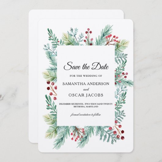 Krfat Winter Leaf Frame Groene Save The Date (Voorkant / Achterkant)