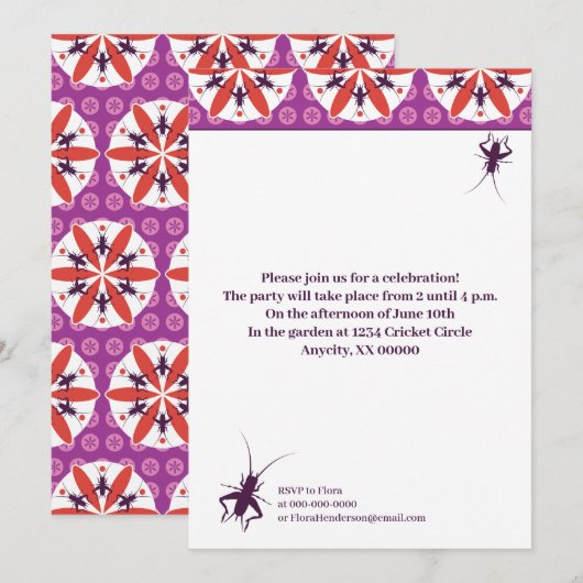 Krickets en bloemen Paars Rood Kaart (Voorkant / Achterkant)