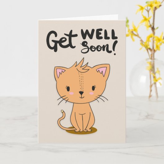 Krijg goed Binnenkort Schattigee Cartoon kat groet Kaart (Gele Bloem)