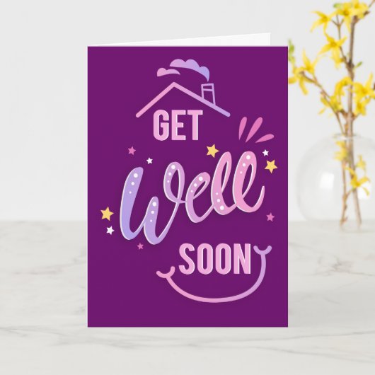 Krijg goed Binnenkort Schattigee Paarse huis groet Kaart (Gele Bloem)