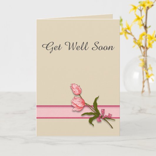 Krijg goede wensen met roze tulpen en lint kaart (Gele Bloem)