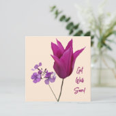 Krijg snel roze tulp paarse bloemenpret feestdagenkaart (Staand voorkant)