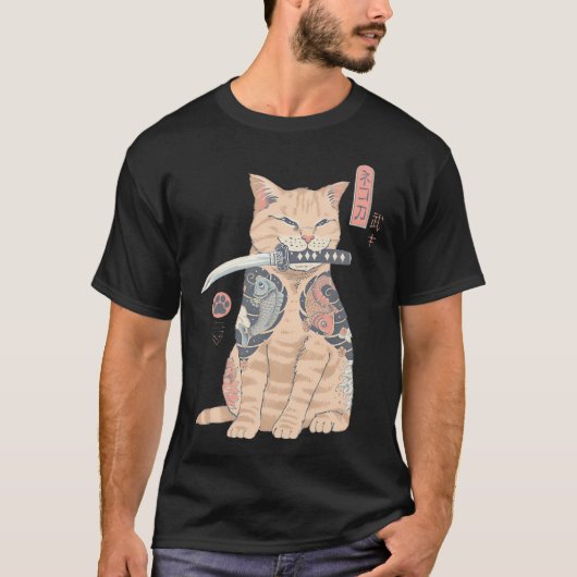 Krijger Kat Samurai Kat Tatoeage Kunst T-shirt (Voorkant)