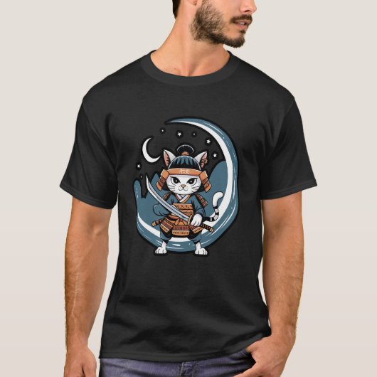 Krijger Kat Samurai Volle Maan Kunst T-shirt (Voorkant)