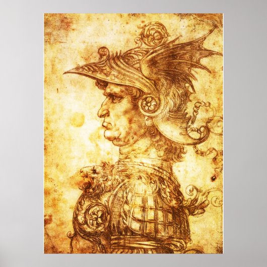 KRIJGERSPROFIEL IN DRAKENHELM Sepia-tekening Poster (Voorkant)