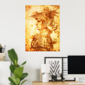 KRIJGERSPROFIEL IN DRAKENHELM Sepia-tekening Poster (Thuiskantoor)
