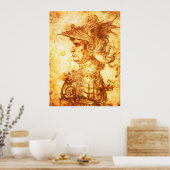 KRIJGERSPROFIEL IN DRAKENHELM Sepia-tekening Poster (Keuken)