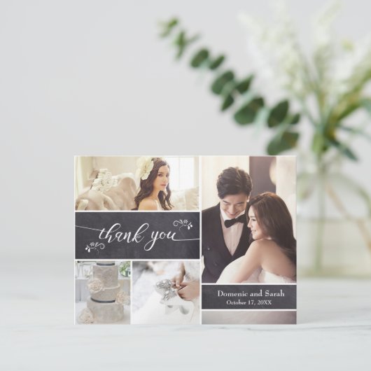 Krijt 4 Foto Collage Landelijke Trouw Dank Je Aankondigingskaart (Staand voorkant)