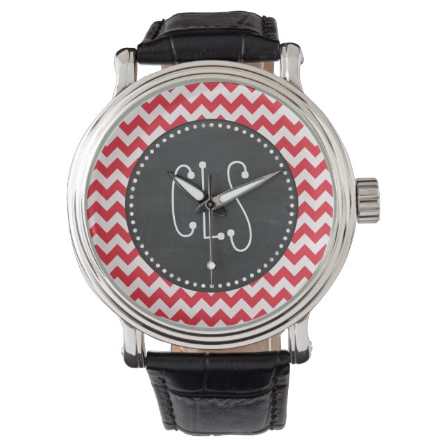  Krijt Alizarin Crimson Chevron; zig zag Horloge (Voorkant)