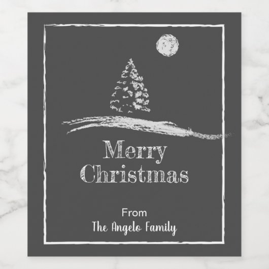 Krijt Art Pine Tree in Sneeuw Aangepaste Vrolijke Wijn Etiket (Enkel label)