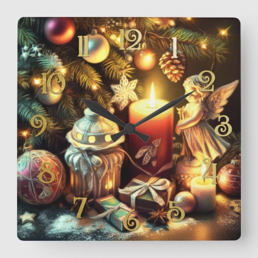 Krijt Tekening Kerstboom Kaarsengel Vierkante Klok (Voorkant)