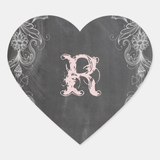 Krijtbord Antiek Roze Bloemen Monogram Afdichting Hart Sticker (Voorkant)