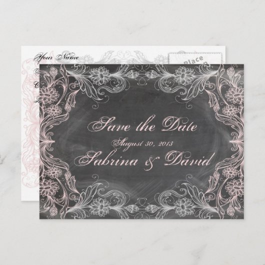 Krijtbord Antiek Roze Bloemen Save the Date Post Aankondigingskaart (Voorkant / Achterkant)