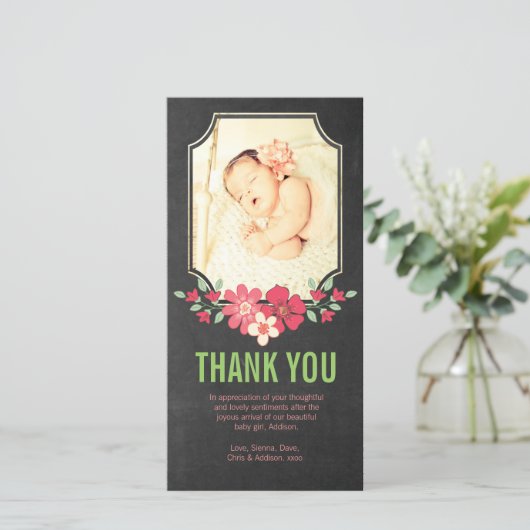 Krijtbord Baby Meisje Bedankt Bloemen Foto Kaart (Staand voorkant)