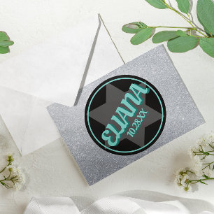 Krijtbord Blauwgroen Sparkly Naam Logo Bat Mitzvah Notitiekaartje