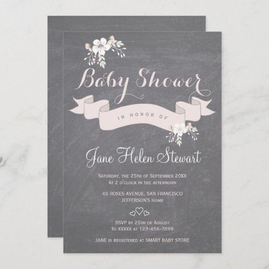 Krijtbord bloem licht roze lint baby shower kaart (Voorkant / Achterkant)