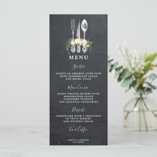 Krijtbord Bloemen Bestek Wedding Menu Cards (Staand voorkant)