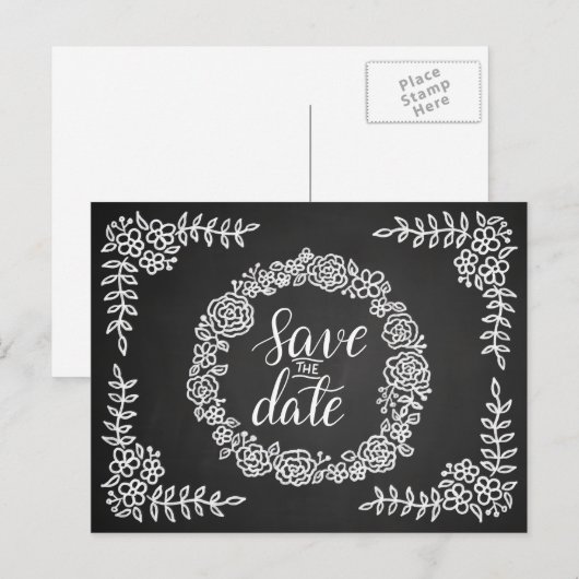Krijtbord bloemen krans bruiloft | Save the date Aankondigingskaart (Voorkant / Achterkant)