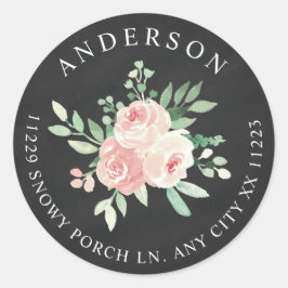 Krijtbord Blush Roze Bloem terugkeer adres Ronde Sticker
