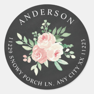 Krijtbord Blush Roze Bloem terugkeer adres Ronde Sticker