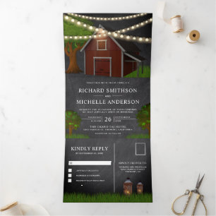 Krijtbord Boerderij Rode Schuur String Lights Wedd Drieluik Uitnodiging