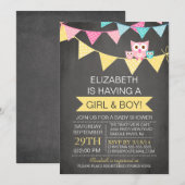 Krijtbord Bunting Uil TWINS MEISJE JONGEN Baby sho Kaart (Voorkant / Achterkant)