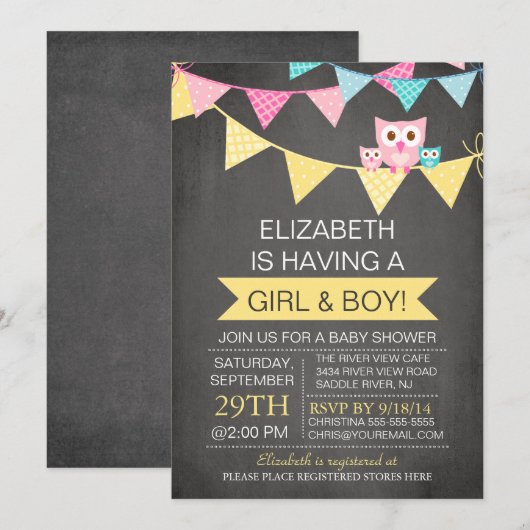 Krijtbord Bunting Uil TWINS MEISJE JONGEN Baby sho Kaart (Voorkant / Achterkant)