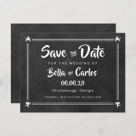 Krijtbord Cupido's Bewaar de Datum Aankondigingskaart (Voorkant / Achterkant)