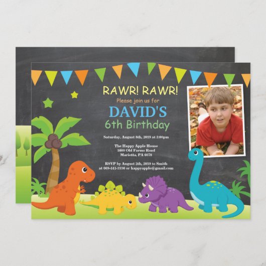 Krijtbord Dinosaurus Verjaardag Uitnodiging Dino P (Voorkant / Achterkant)