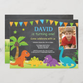 Krijtbord Dinosaurus Verjaardag Uitnodiging Dino P (Voorkant / Achterkant)