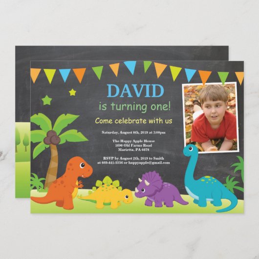 Krijtbord Dinosaurus Verjaardag Uitnodiging Dino P (Voorkant / Achterkant)