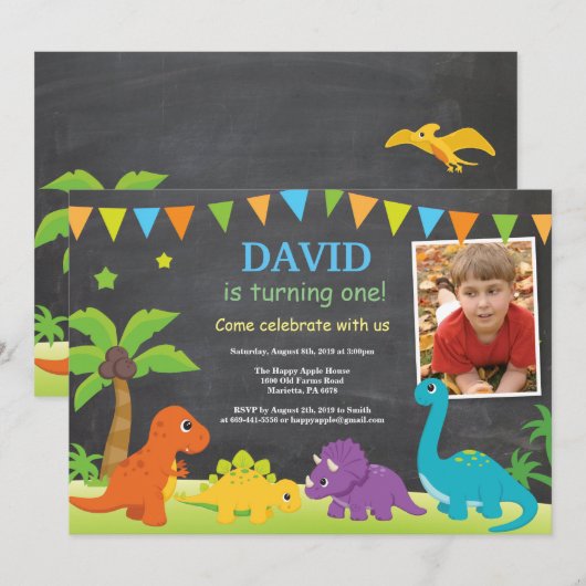 Krijtbord Dinosaurus Verjaardag Uitnodiging Dino P (Voorkant / Achterkant)