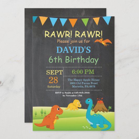 Krijtbord Dinosaurus Verjaardag Uitnodiging Dino P (Voorkant / Achterkant)