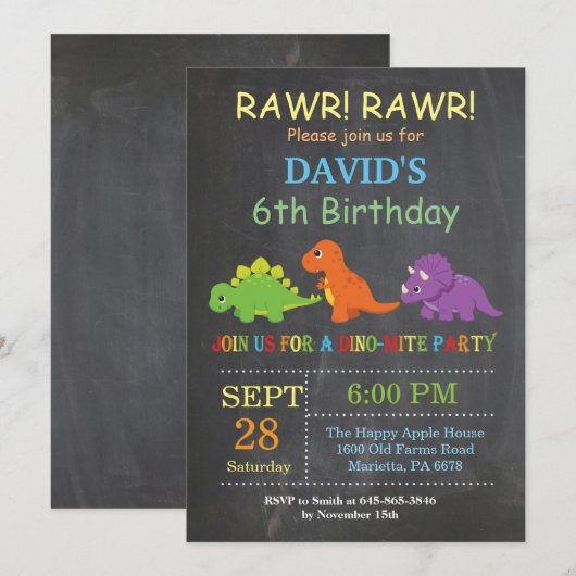 Krijtbord Dinosaurus Verjaardag Uitnodiging Dino P (Voorkant / Achterkant)